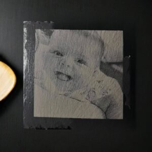 Slate drinks coaster with personalised baby photo engraved.