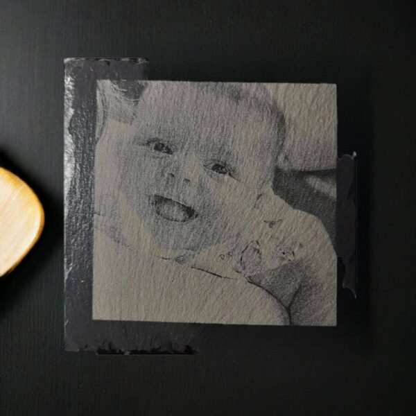 Slate drinks coaster with personalised baby photo engraved.