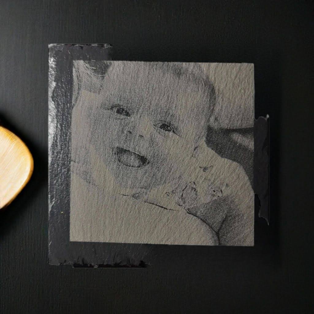 Slate drinks coaster with personalised baby photo engraved.