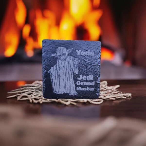 Star Wars inspired slate drinks coaster featuring a Yoda-style Jedi Grand Master engraving