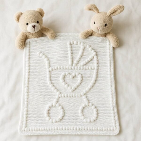 Handmade White Crocheted Baby Blanket with Pram Design