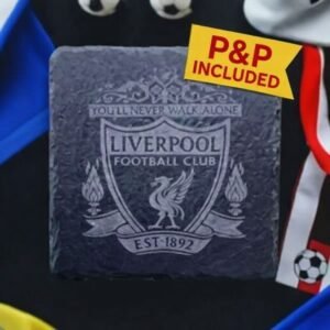 Liverpool FC engraved slate drinks coaster with yellow P&P included banner, featuring the club crest and “You’ll Never Walk Alone” motto