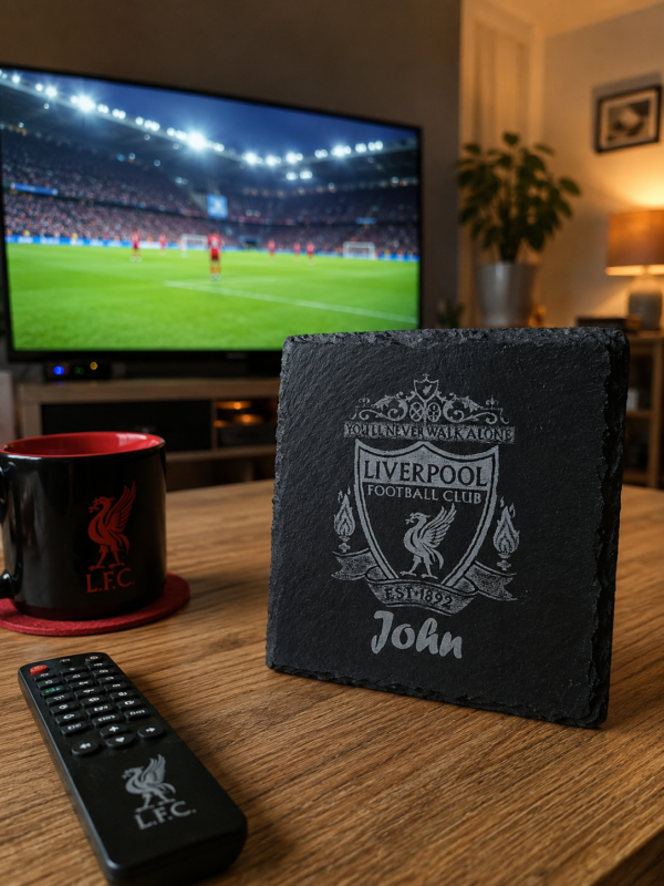 Liverpool FC Slate Drinks Coaster in front of the TV with the game on