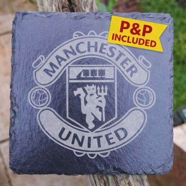 Manchester United engraved slate drinks coaster with yellow P&P included banner, featuring the club crest on natural slate