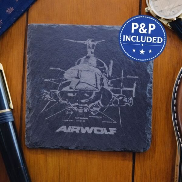Airwolf helicopter engraved slate drinks coaster with P&P included label