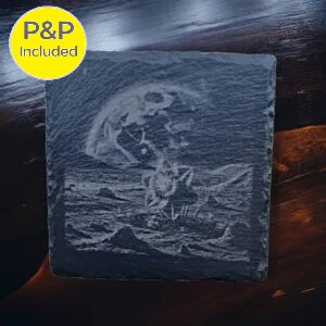 Engraved slate drinks coaster featuring a daffodil on the moon illustration, with P&P included badge.