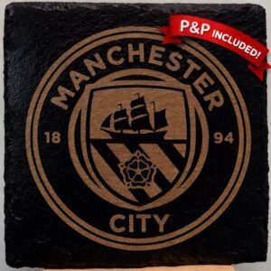 Manchester City slate drinks coaster with club crest engraving and P&P included free postage banner