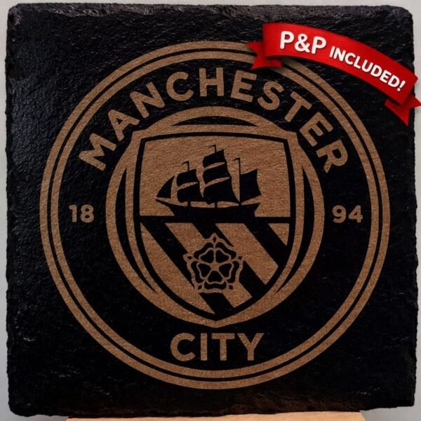 Manchester City slate drinks coaster with club crest engraving and P&P included free postage banner