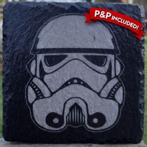Slate drinks coaster featuring a Star Wars Stormtrooper helmet design with P&P included banner.
