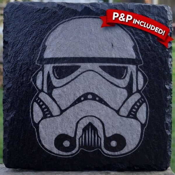 Slate drinks coaster featuring a Star Wars Stormtrooper helmet design with P&P included banner.