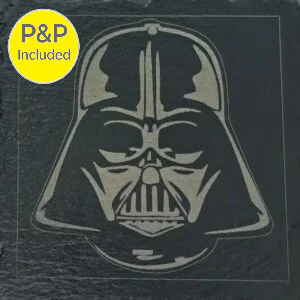 Star Wars Darth Vader slate drinks coaster engraved with iconic helmet design, featuring natural slate texture and P&P included badge.