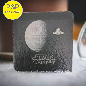 Engraved slate drinks coaster featuring the Star Wars Death Star and spaceship design.