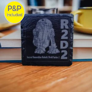 Star Wars R2-D2 slate drinks coaster engraved with detailed droid design, featuring natural slate texture and P&P included badge.