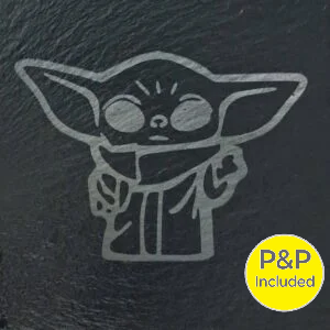 Star Wars slate drinks coaster featuring a Baby Yoda (Grogu) engraved design with P&P included badge