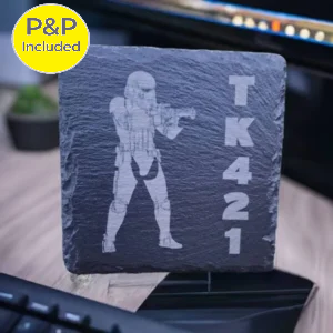 Star Wars stormtrooper slate drinks coaster engraved with TK421 design, featuring a natural slate finish and P&P included badge.
