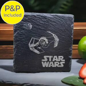 Slate drinks coaster engraved with a Star Wars TIE fighter design, shown with P&P included badge