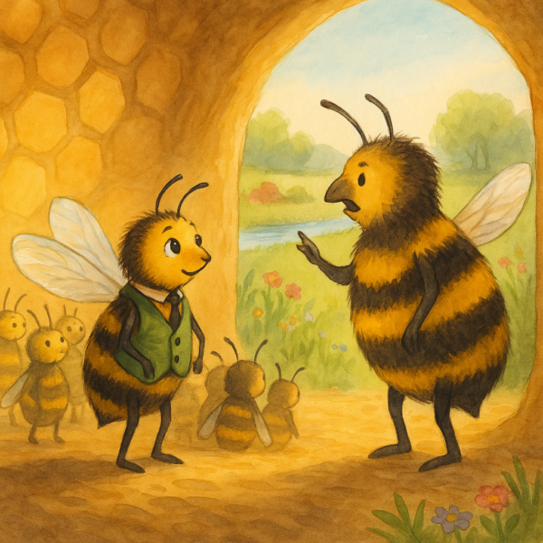 Boothby Bee meeting an teacher bee inside the hive in the Canalboat Caroline children’s story