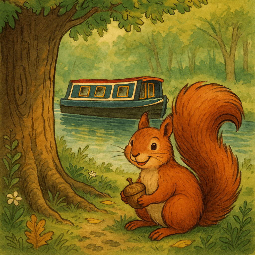 Bushy the Squirrel holding an acorn beside the canal in the Canalboat Caroline children’s story