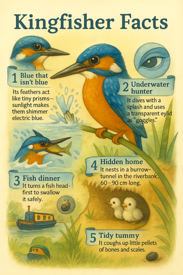 Illustrated kingfisher facts showing how kingfishers hunt, nest, and live along rivers and canals