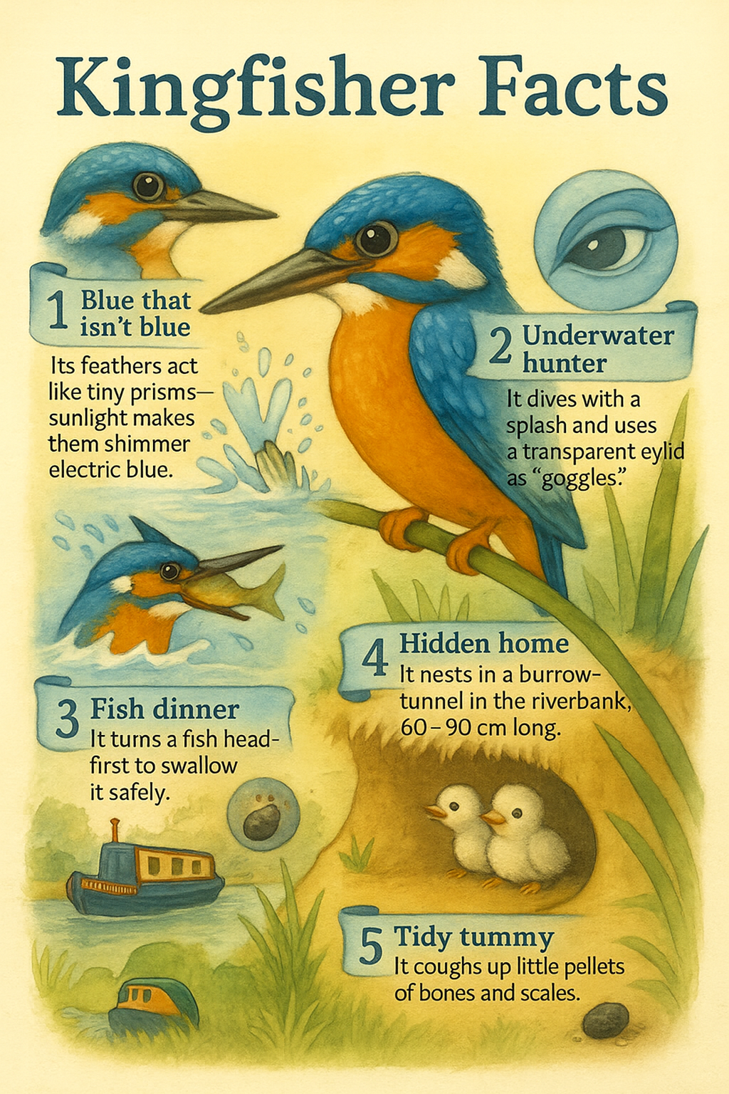 Illustrated kingfisher facts showing how kingfishers hunt, nest, and live along rivers and canals