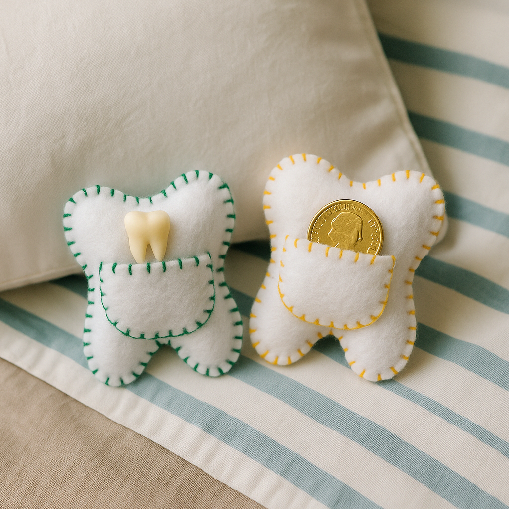 Handmade felt Tooth Fairy pillow with a child’s lost tooth tucked into the front pocket