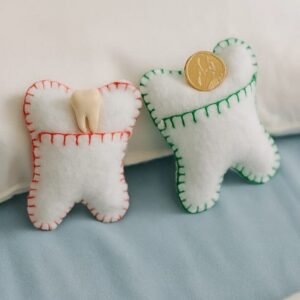 Handmade felt Tooth Fairy pillow with a child’s lost tooth tucked into the front pocket