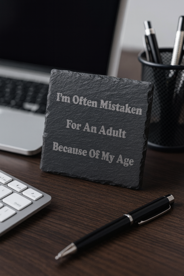 Laser-engraved slate plaque with the quote ‘I’m Often Mistaken For An Adult Because Of My Age’ displayed on an office desk beside a laptop, keyboard, pen and stationery holder