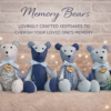 Group of memory bears created from sentimental clothing, featuring a range of fabric designs with a wooden heart tag engraved “Dad”.
