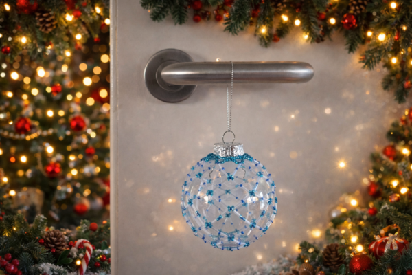 Blue beaded plastic Christmas bauble hanging from a silver door handle with warm festive lights and decorations in the background