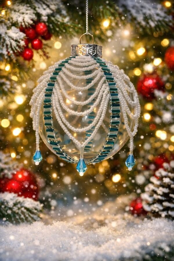 Handmade beaded Christmas bauble with white pearl beads, teal accents and blue crystal drops hanging on a decorated Christmas tree