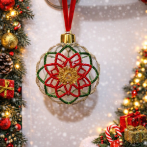 Handmade beaded Christmas bauble in red, green and gold hanging from a door handle with festive garlands and lights