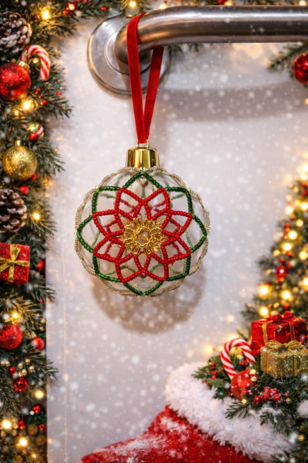 Handmade beaded Christmas bauble in red, green and gold hanging from a door handle with festive garlands and lights