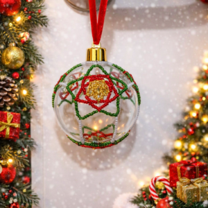 Handmade beaded Christmas bauble in red, green and gold on a clear plastic ornament hanging from a door handle