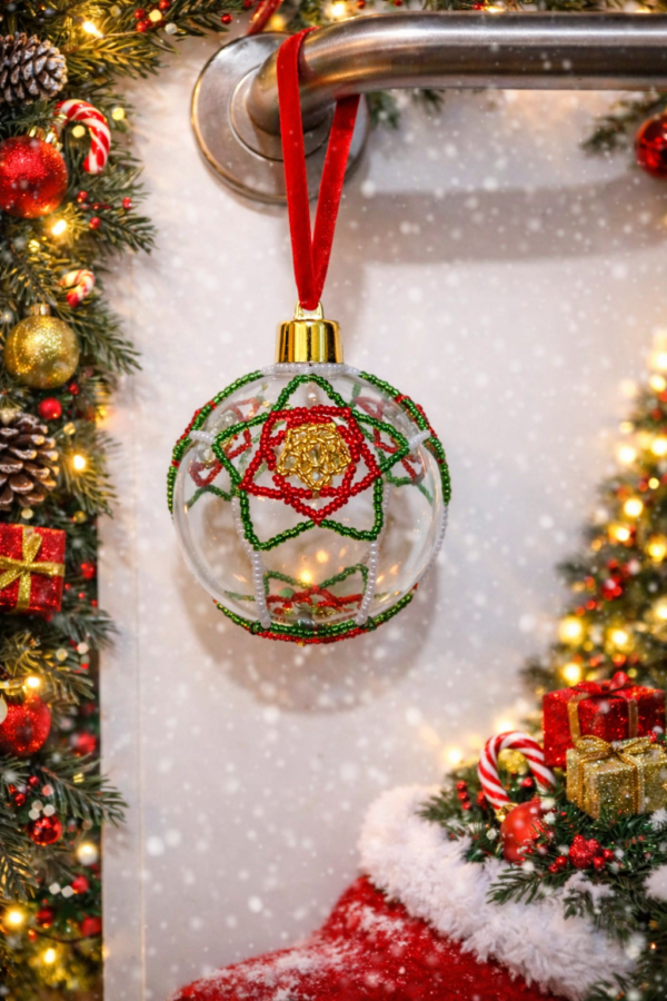 Handmade beaded Christmas bauble in red, green and gold on a clear plastic ornament hanging from a door handle