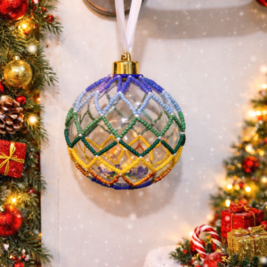 Handmade multicolour beaded Christmas bauble with chevron pattern on a clear plastic ornament hanging from a door handle