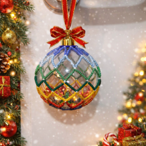 Handmade multicolour beaded Christmas bauble on clear plastic hanging from a door handle with festive decorations