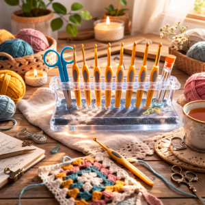 Clear acrylic crochet hook stand with ergonomic hooks, scissors and yarn needles arranged on a wooden table in a warm, cosy crochet workspace with pastel yarn balls, candles and a cup of tea.