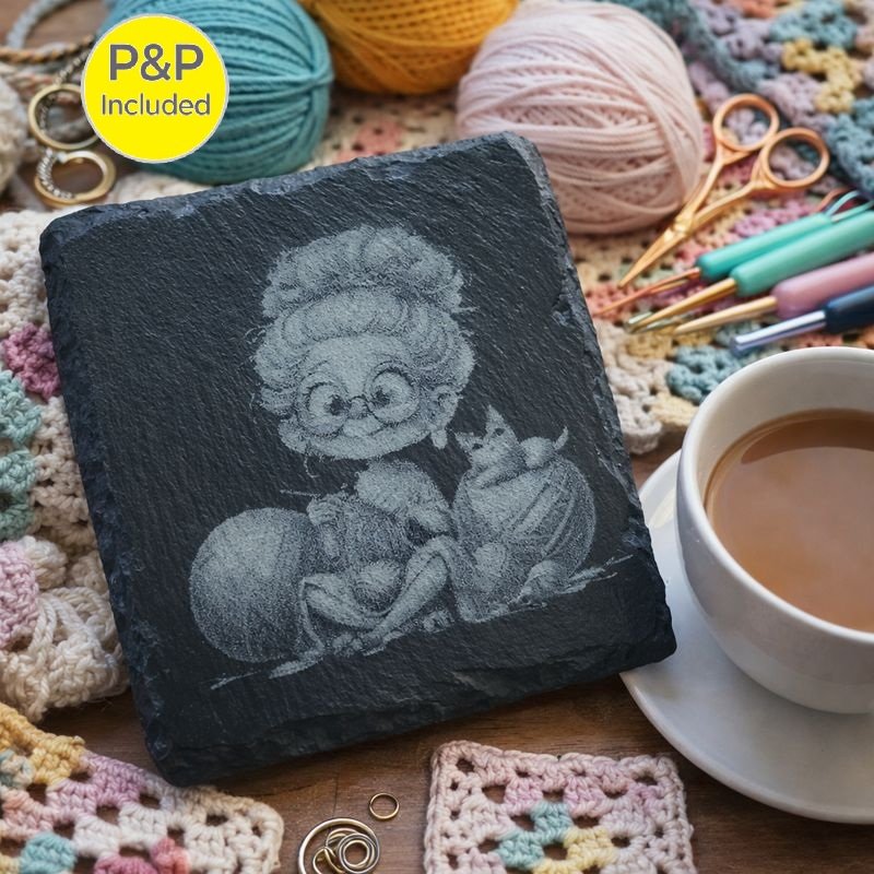 Engraved slate coaster featuring a charming illustration of a granny crocheting with a ball of yarn, styled in a cosy craft scene with crochet blankets, yarn, tools and a cup of tea.