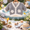 Grey and white hand crocheted baby cardigan with flower detail hanging outdoors beside a paddling pool in a sunny garden setting