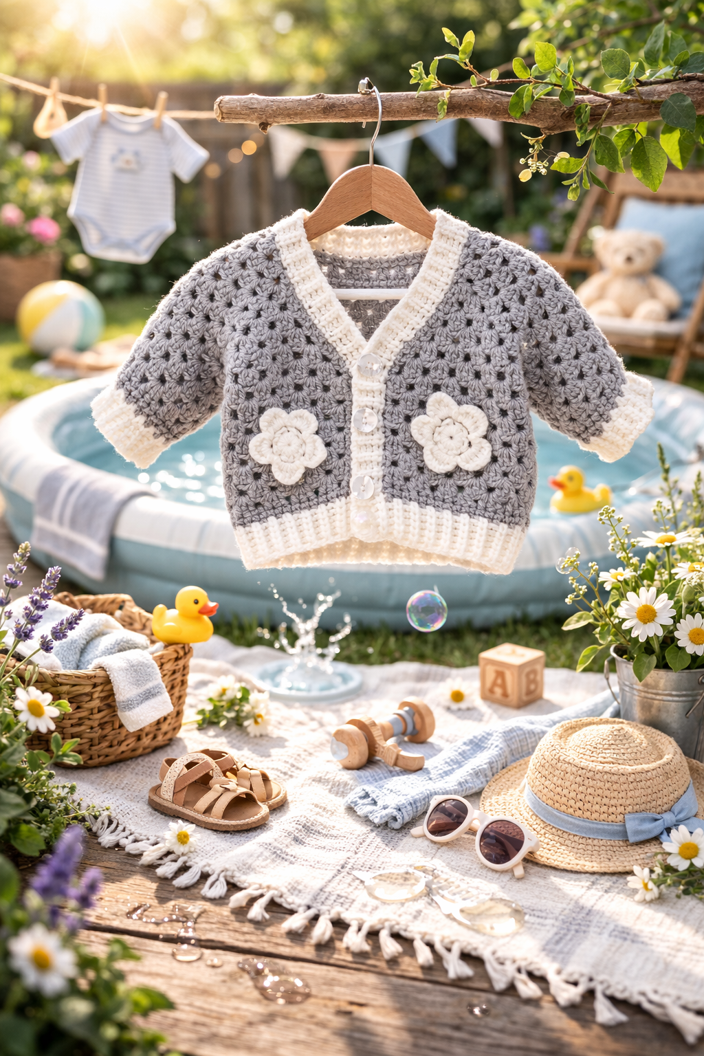 Grey and white hand crocheted baby cardigan with flower detail hanging outdoors beside a paddling pool in a sunny garden setting