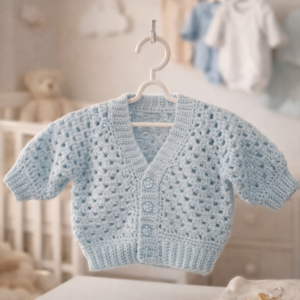 Light blue hand crocheted baby cardigan with flower buttons hanging in a warm nursery setting with baby clothes softly blurred in the background