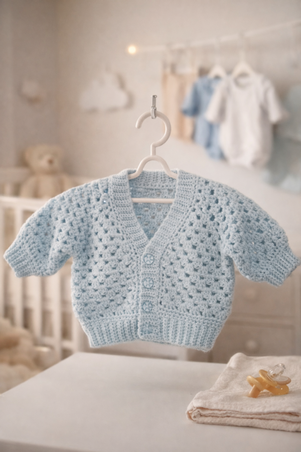 Light blue hand crocheted baby cardigan with flower buttons hanging in a warm nursery setting with baby clothes softly blurred in the background