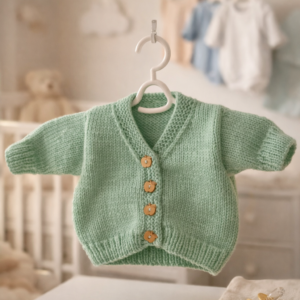 Mint green hand knitted baby cardigan with wooden apple shaped buttons hanging in a warm nursery setting with soft baby clothes blurred in the background