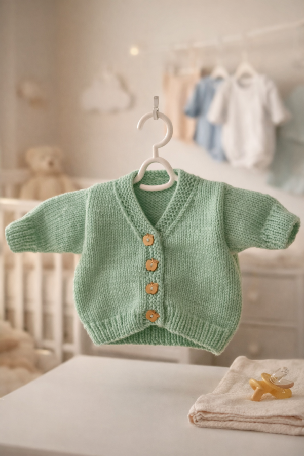 Mint green hand knitted baby cardigan with wooden apple shaped buttons hanging in a warm nursery setting with soft baby clothes blurred in the background