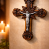 Ornate acrylic crucifix wall cross with raised silver Christ figure displayed on wall with softly glowing candles in background