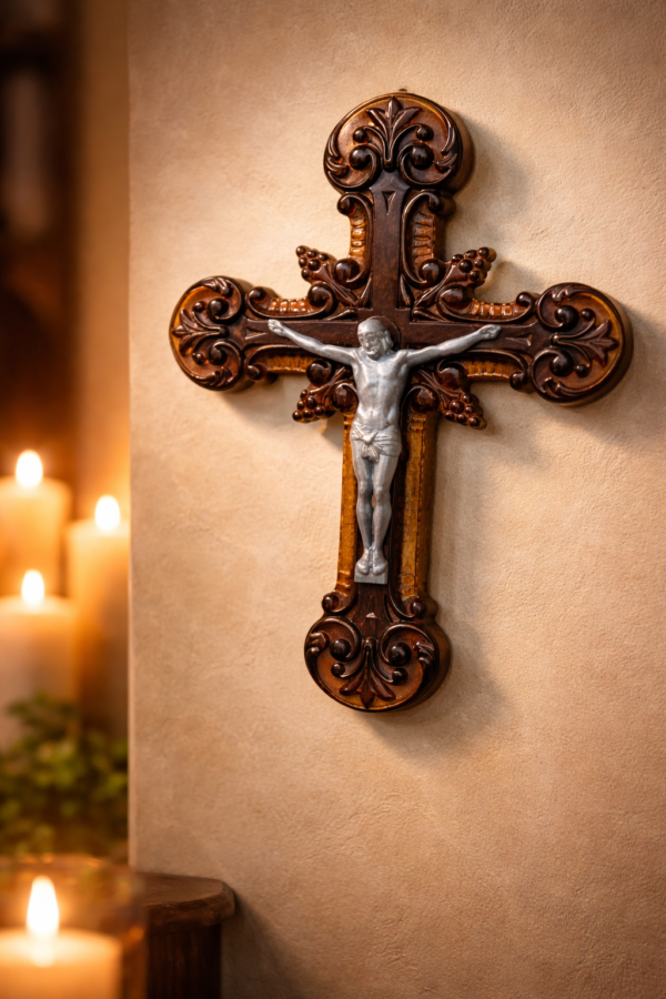 Ornate acrylic crucifix wall cross with raised silver Christ figure displayed on wall with softly glowing candles in background