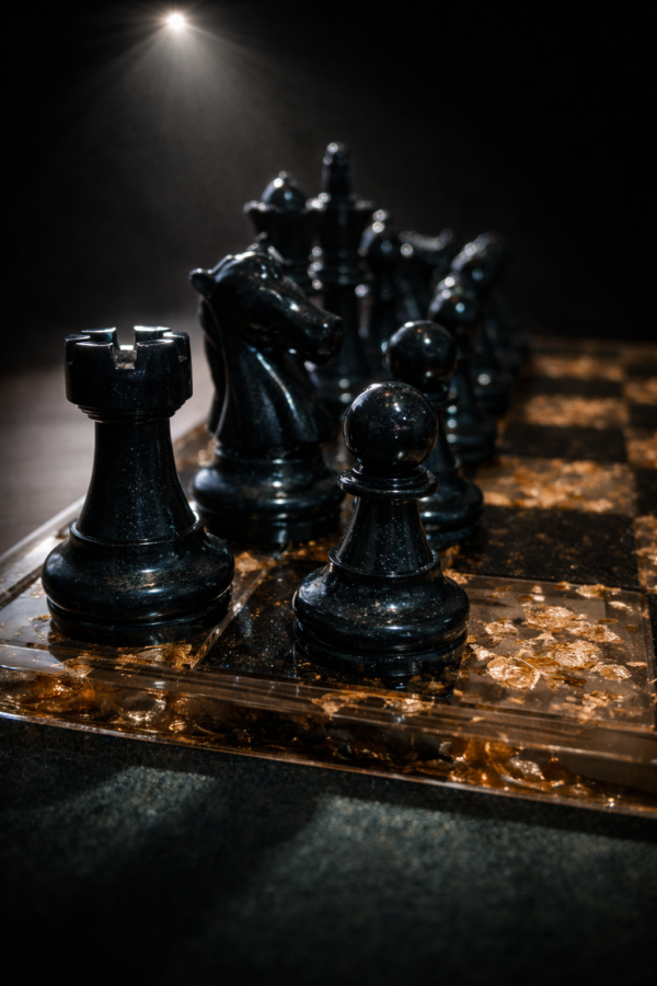 Black resin chess rook, knight and pawn on gold leaf resin chess board under spotlight