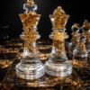 Close-up of clear resin chess king and queen with suspended gold leaf under dramatic spotlight
