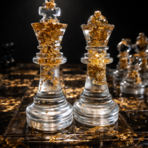 Close-up of clear resin chess king and queen with suspended gold leaf under dramatic spotlight