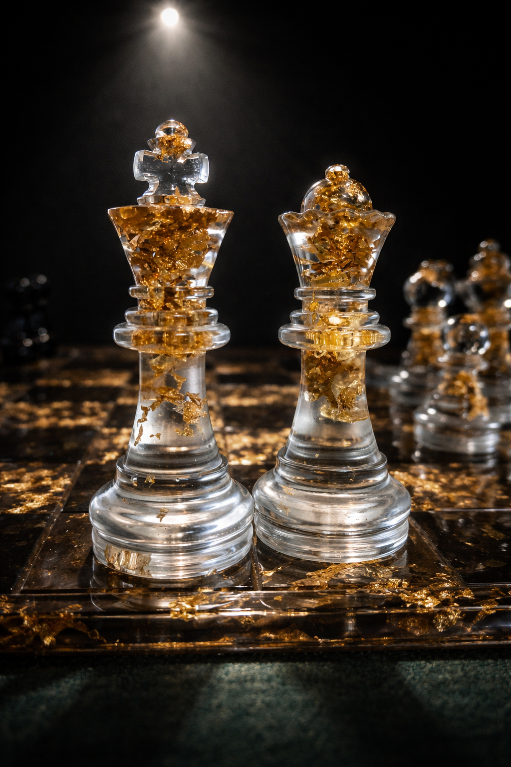 Close-up of clear resin chess king and queen with suspended gold leaf under dramatic spotlight